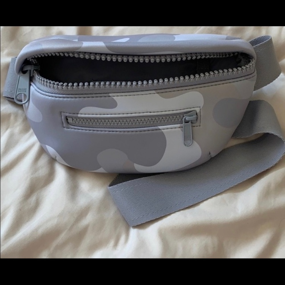 Dagne Dover gray camo fanny pack.